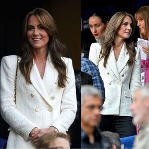Zara Textured Boucle Tweed Double Breasted Blazer Cream Gold Kate Middleton L